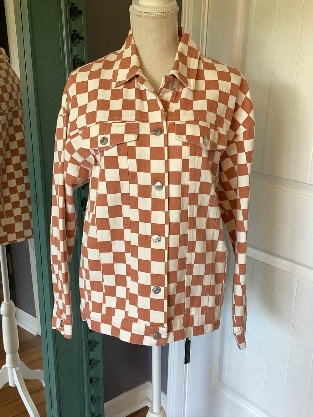 Checked Button-Front Jacket - White & Rusty Orange